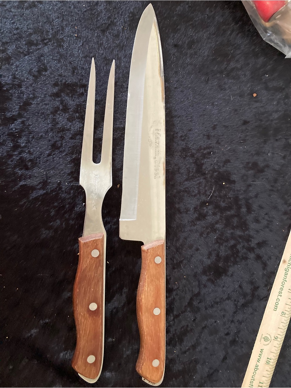 Maxam Steel Japan Carving Knife and Fork Set with Riveted Brown Wood Handles MCM